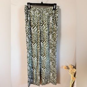 H&M Green & White Tropical Beach Leaf Print Wide leg palazzo pants High …